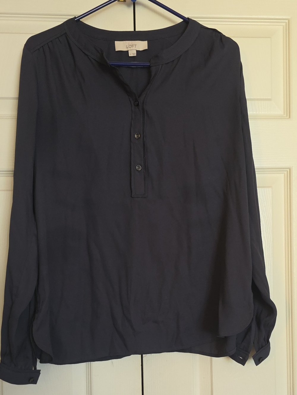 LOFT Navy Button-Front Henley Blouse